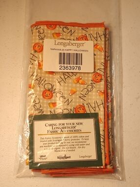 Longaberger Set Of 2 Happy Halloween Fabric Napkins With Orange Trim New In Pack